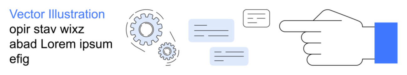 Technology, communication, workflow, problem-solving, business processes, teamwork. Hand pointing at gears and chat bubbles. Technology and communication concepts