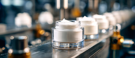 White cosmetic cream is being processed in sealed glass jars on a stainless steel production line at an industrial factory focused on cosmetics