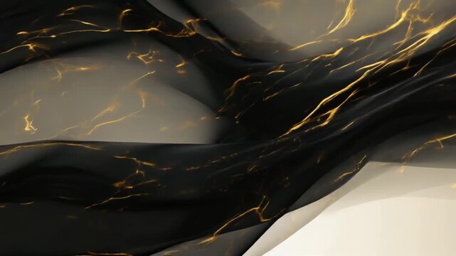 4K cinematic abstract video, flowing black silk ribbons gracefully moving gradient background, golden veins shimmering along curves fluid motion, elegant luxurious aesthetic, depth lighting hypnotic