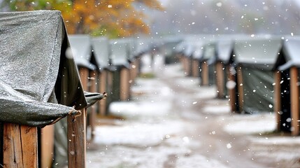 Military camp shows tarpaulin tents set up for winter weather during snowfall at base location