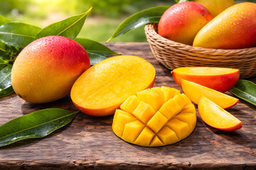 A vibrant display of fresh mangoes on a rustic wooden table with green leaves