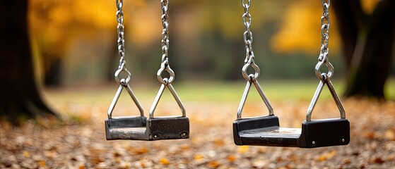 Empty metal chain swings on a playground in a park during autumn with fallen leaves around the swings