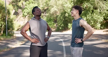 Athlete, men and smart watch with high five outdoor for success, fitness progress and achievement. Excited, people and check time with endurance results, monitor exercise and celebration for marathon