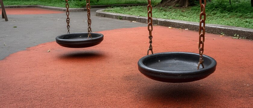 Two empty metal swings on red asphalt in a playground during daylight hours - Powered by Adobe