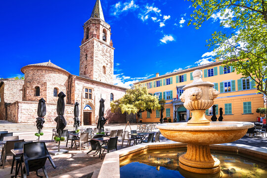 Frejus, France. Town of Frejus main square fountain and church view