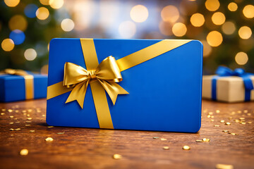 A beautifully wrapped blue gift box with a golden bow on a wooden table with Christmas decorations in the background.