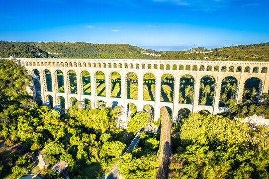 Ancient Roquefavour stone Aqueduct in green landscape aerial  view,