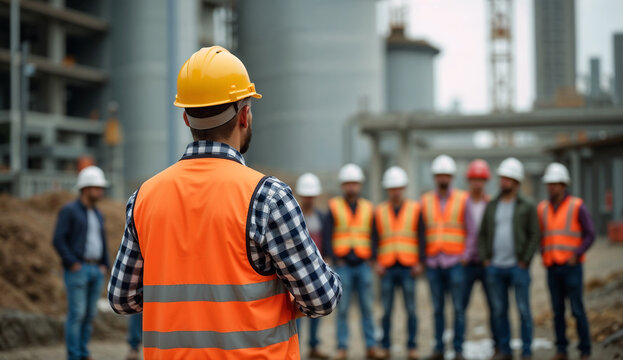 Construction supervisor briefing to a group of workers in an industrial setting.