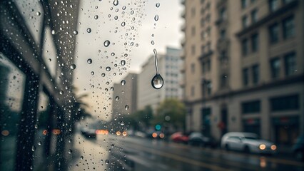 A single raindrop clinging to a window distorting a city view