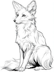 Fototapeta premium Hand Drawn Black and White Line Art Illustration of Beautiful Fennec Fox with Large Ears and Fluffy Tail Sitting Gracefully Isolated on White Background for Adult Coloring Pages and Creative Projects