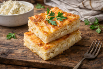 A delicious stack of homemade lasagna on a wooden cutting board with a fork and bowl of ricotta cheese