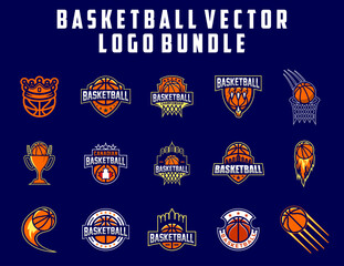 Professional Basketball Vector Logo Bundle with Team Emblems, Championship Trophies, and Flaming Ball Icons for Sports Apparel Branding, Tournament Marketing, Youth League Identities, and Merchandise