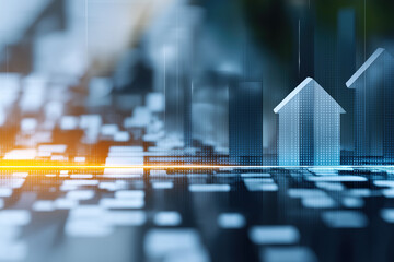 Digital house icons rise over data grid, symbolizing real estate analytics