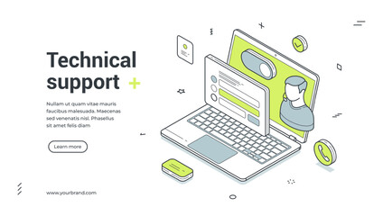 Web banner for technical support. Isometric vector illustration template for online helpdesk, computer repair and user assistance. Modern design with laptop, operator icon and call button