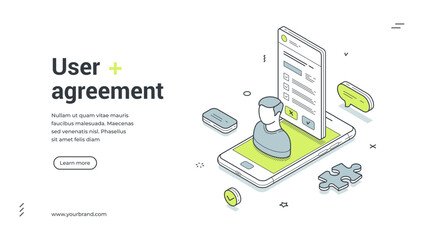 Web banner for user agreement. Isometric vector illustration template with smartphone and contract form. Use for online terms of service, privacy policy, and legal document concepts
