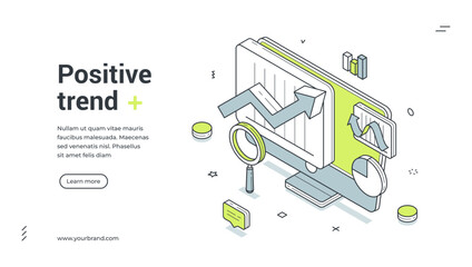 Obraz na płótnie Canvas Web banner for positive trend and business analytics. Isometric vector illustration template with computer, charts and graphs for data analysis, financial report and marketing success concept