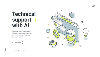 Web banner for technical support with AI. Isometric vector illustration template for customer service chatbot. Modern design with robot, chat for online help and technology assistance