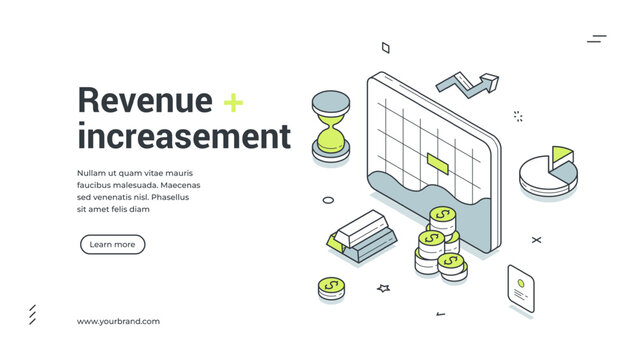 Isometric web banner for revenue increasement. Vector illustration template for financial growth. Modern design with chart, coins for investment strategy and profit analysis