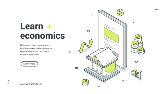 Web banner for learning economics. Isometric vector illustration template for online education and financial literacy. Modern design with book, bank, coins for knowledge and investment growth