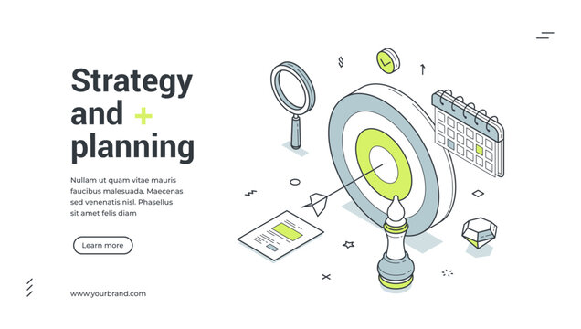 Web banner for business strategy and planning. Isometric vector illustration template. Modern design with target, chess, calendar for goal achievement and project management success