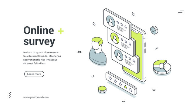 Web banner for online survey. Isometric vector illustration template for customer feedback. Modern design with smartphone, user profiles for online questionnaire and rating system