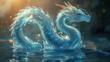 Mystical water dragon formed from flowing water with an elegant serpentine body that undulates and twists in a mesmerizing dance, its translucent blue tones gradating to softer turquoise hues, illumin