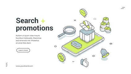 Web banner for search promotions and online shopping. Isometric vector illustration of a loyalty program with a smartphone, gift box, and bonus coins. Modern template for an e-commerce landing page