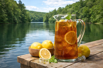 A refreshing pitcher of iced tea with lemons and mint on a wooden dock by a serene lake