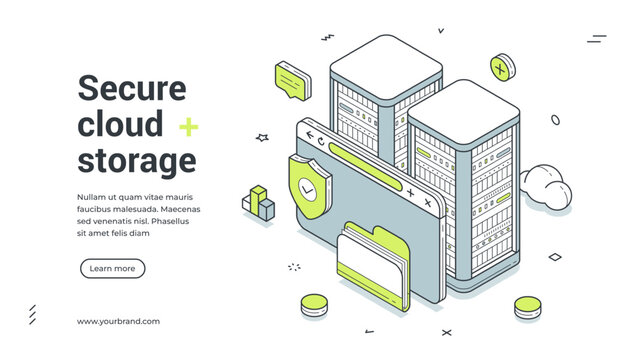Web banner for secure cloud storage. Isometric vector illustration of a datacenter with server racks and data protection shield. Modern template for a hosting service landing page
