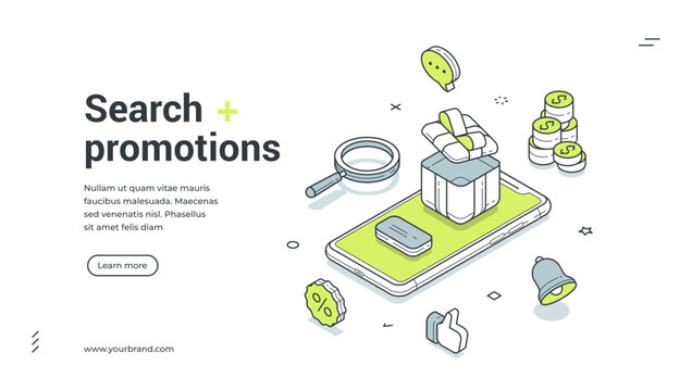 Web banner for search promotions and online shopping. Isometric vector illustration of a loyalty program with a smartphone, gift box, and bonus coins. Modern template for an e-commerce landing page
