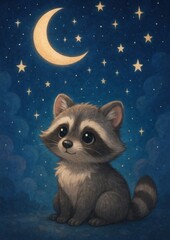 Fototapeta premium Cute raccoon under starry sky.