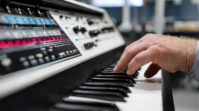 Closeup of expert tuning an electric organ keyboard focusing on digital controls and sound tweaking in a modern studio environment.