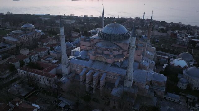 Aerial drone footage of Hagia Sophia in Istanbul, Turkey, captured at dusk