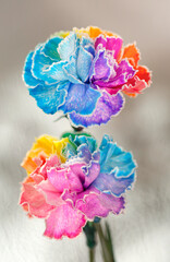 Piękne, kolorowe goździki na jasnym tle. Tęczowe, wielobarwne kwiaty. Symbol LGBTQ lub święta Dnia Matki. Wysokiej jakości zdjęcie pionowe.