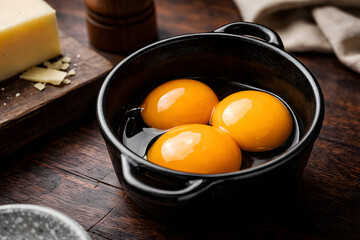 A black bowl of egg yolks on a wooden table with cheese and a pepper mill in the background