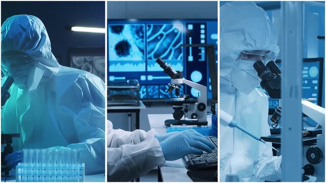 Technology and medical concept. Scientists, lab equipment and microscopes in biomedical innovations and clinical studies. Ideal for educational content. Vertical videos.