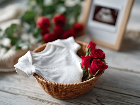 Baby white onesie in wicker basket with red roses and framed ultrasound photo in background. Indoor still life with shallow depth of field, Valentine&rsquo;s Day pregnancy announcement