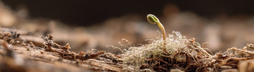 a tender shoot emerging beside compost symbolizing regeneration with blurred organic matter, long term business growth
