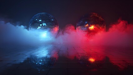 Naklejka premium Disco balls on a dark colorful smoky blue and red reflective surface with vibrant purple and pink lighting effect party background atmosphere. 