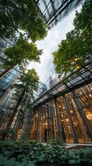 Glass building surrounded by trees under a blue sky offers a unique view from a low angle in a modern setting
