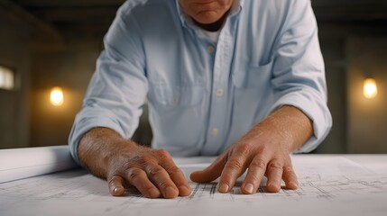 Professional examining detailed architectural blueprints on a table in an indoor workspace