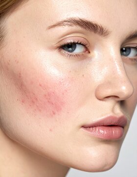Close-up of the left cheek with visible redness, inflammation, and small bumps. Useful for dermatological studies and skincare visuals focused on sensitive or reactive skin.
