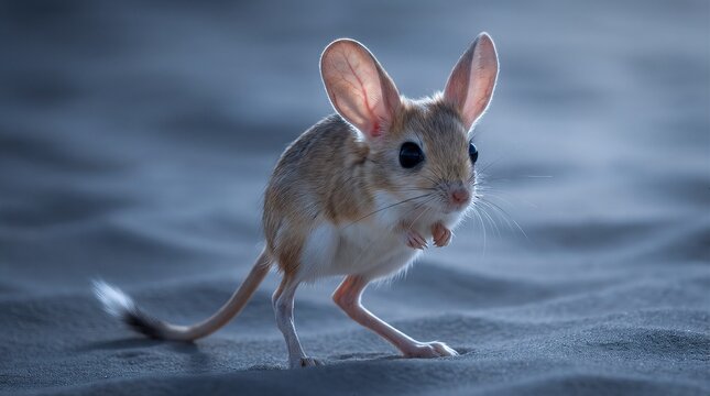 Close-up of jerboa displaying distinctive large ears and elongated hind legs. Cool moonlit Gobi desert setting. For wildlife documentaries and science content.