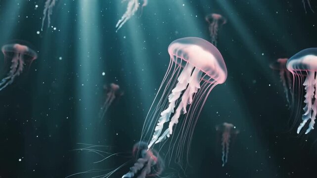 4K cinematic video of glowing jellyfish floating vast pink ocean pastel gradient blush coral, gentle light rays filtering water, ethereal ambient particles drifting, bubbles rising slowly, pulsating