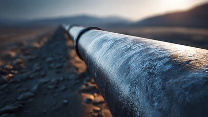 Industrial pipeline stretching into the distance at sunset Keywords: pipeline, industrial, oil