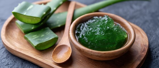 Scaled aloe vera leaves and gel in wooden bowl on table showing natural skincare ingredients for home remedies and beauty routines