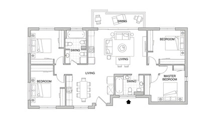 Detailed floor plan of a spacious three-bedroom apartment with multiple living zones and a balcony