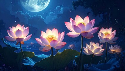 Digital artwork of luminous lotus blossoms under a full moon, with pond and foliage