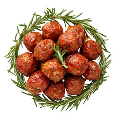 Meatballs With Herbs Arranged in a Circle on a White Background