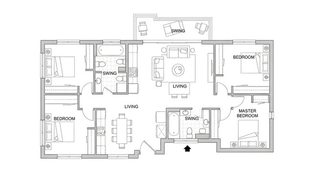 Detailed floor plan of a spacious three-bedroom apartment with multiple living zones and a balcony